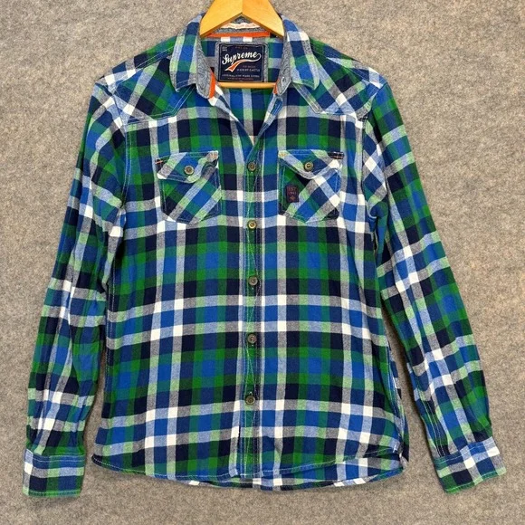 Supreme Flannel Button Shirt Mens Medium Green Blue Plaid Casual Cotton - Picture 1 of 9